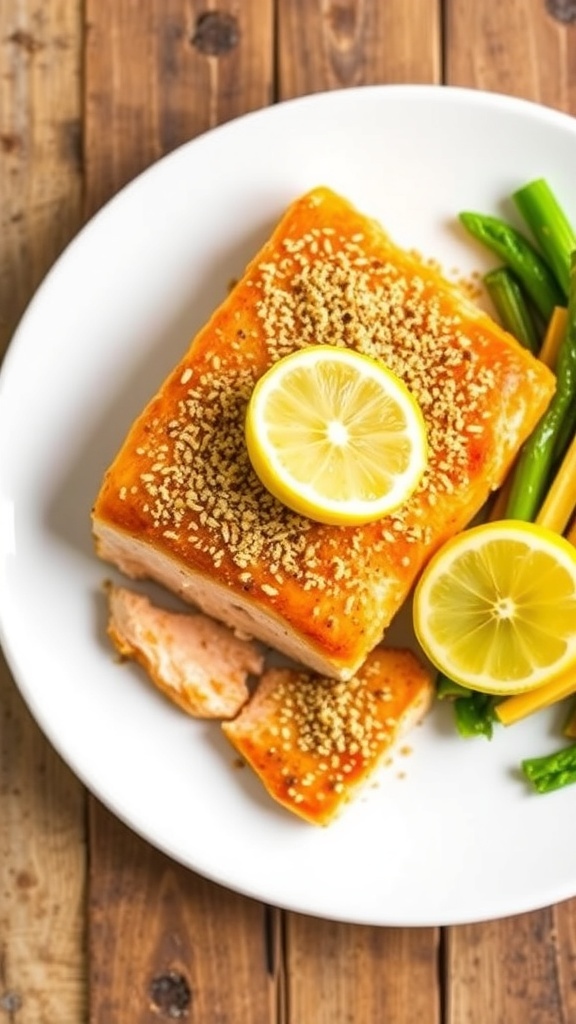 Air Fryer Everything Bagel Salmon Recipe Air fryer salmon fillet with everything bagel seasoning and lemon wedges on a white plate.